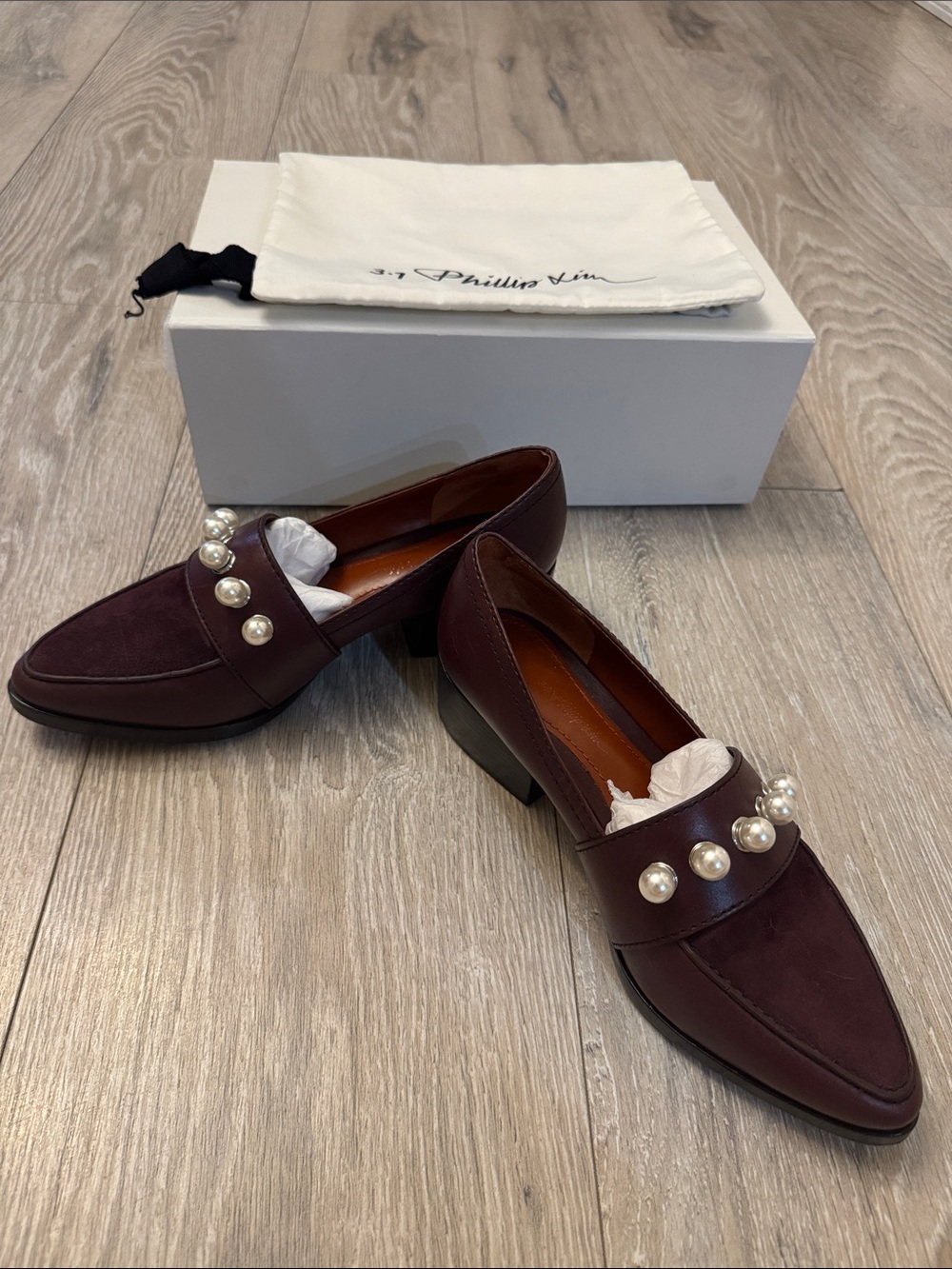 3.1 Phillip Lim Burgundy Suede Pearl-Trim Loafers